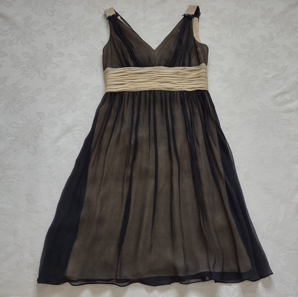 Silk two tone black beige deep v-neck fit & flare cocktail vintage retro dress